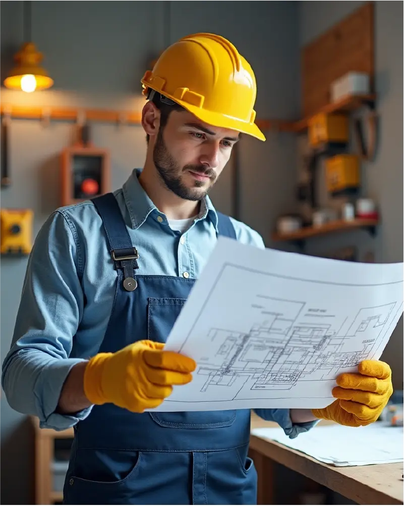 Elservice och Bygg i Stockholm, man holding construction blueprint plan in hands.